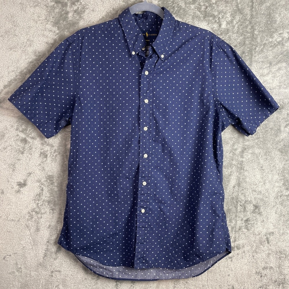 Ralph Lauren Shirt Mens Large Slim Blue Geometric Short Sleeve Button Up Preppy